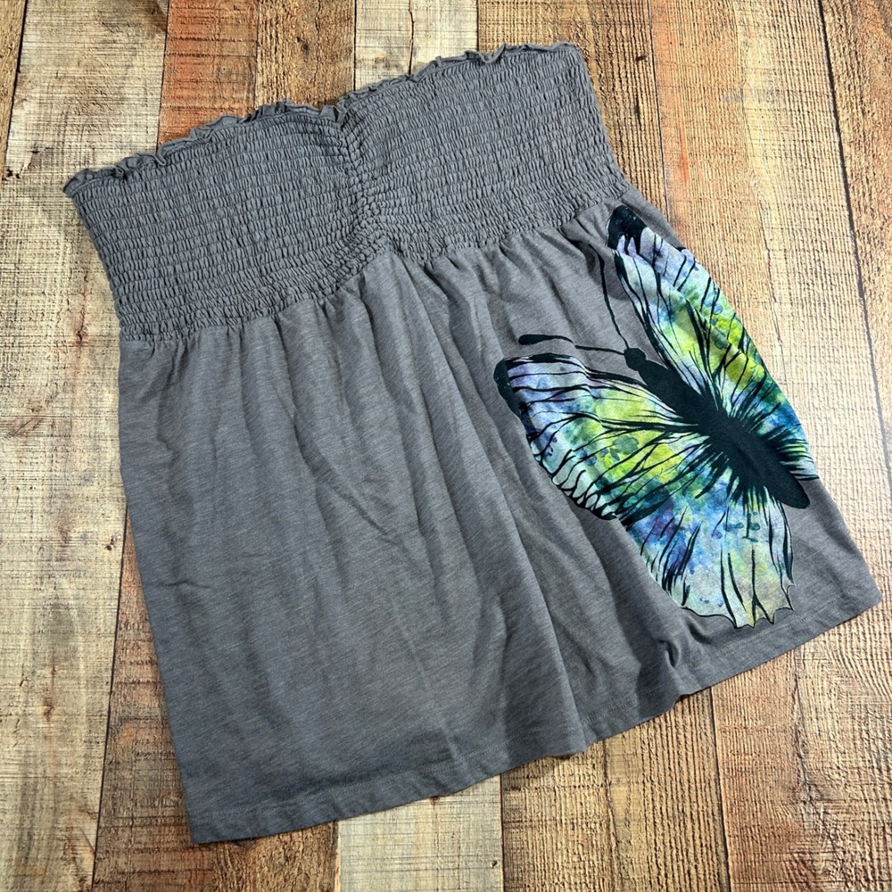 Twist Tees 3 3x Gray Cotton Butterfly Graphic Smocked Tube Top Strapless Y2K